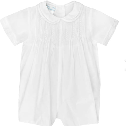 Petit Ami Boys Solid White Romper with Pintucks and Matching Hat