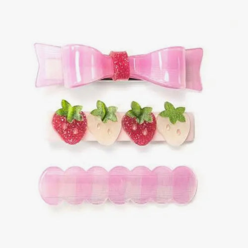 Lilies and Roses Set of Three Hair Clips-Pink Bow, Strawberries, and Pink Check