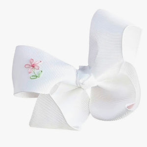 Lolo Headband White Grosgrain Hair Bow with Pink Flower Embroidery