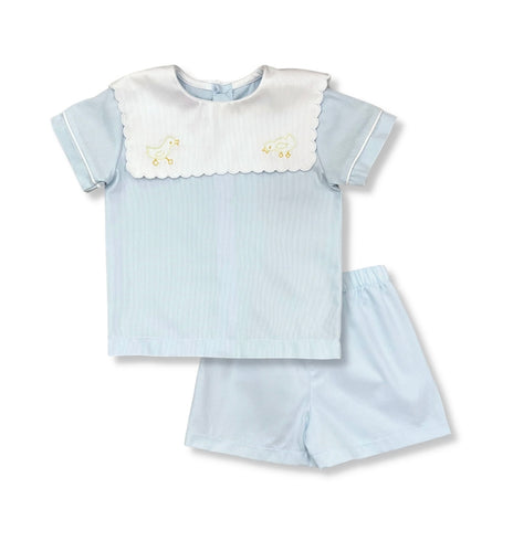 Lullaby Set Blue Pique Short Set with White Scallop Square Collar and Duck Embroidery