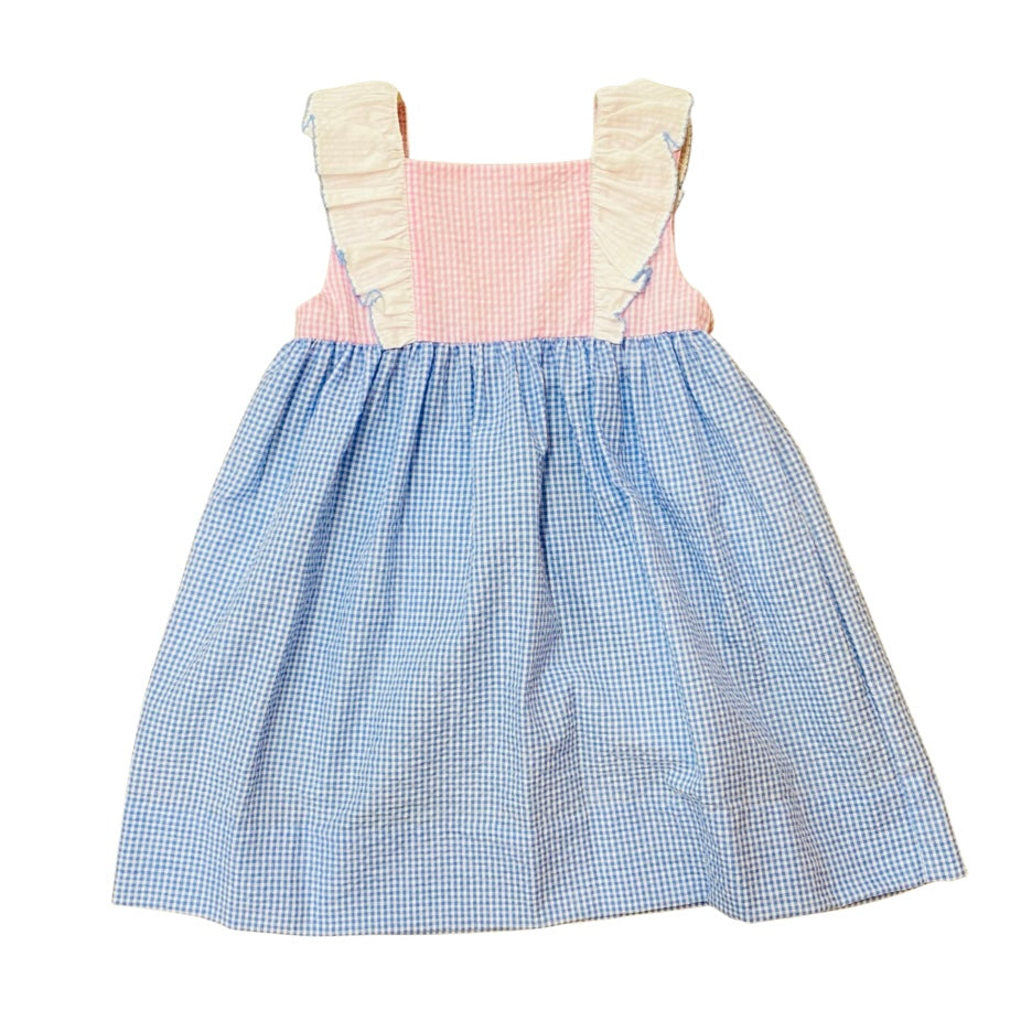 Petit Ami Girls Pink and Blue Gingham Seersucker Dress